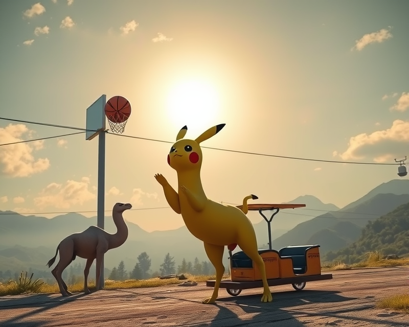 sun, pikachu, basketball, camel, cable car